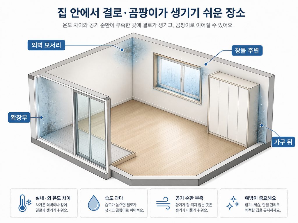 결로 곰팡이 생기기 쉬운장소