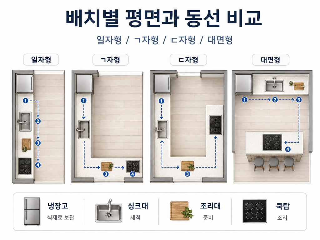 배치별 평면과 동선 비교