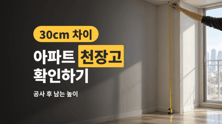 아파트 천장고를 줄자로 재는 거실 장면