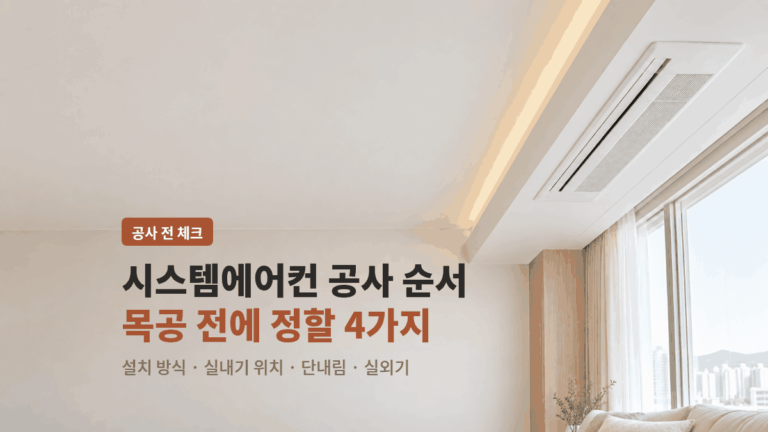 시스템에어컨 인테리어 공사 순서를 목공 전 결정 4가지(설치 방식, 실내기 위치, 천장 단내림, 실외기 자리)로 정리한 대표 이미지